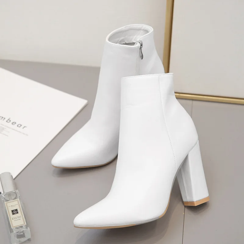 Comemore New Spring Autumn Boots Women\'s Shoes High Heels Winter Woman White Pointed Thick Heel Women Dress Short Ankle Boots 40