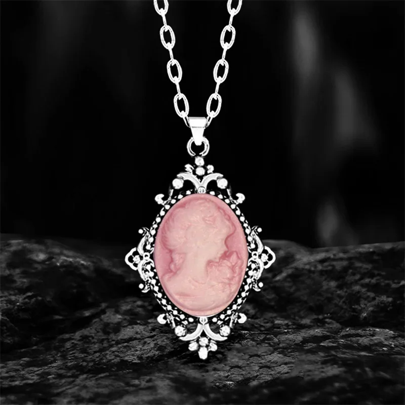 6 Colors Vintage Lady Queen Cameo Necklace For Women Antique Silver Plated Plant Cameo Pendant Stainless Steel Chain Necklace