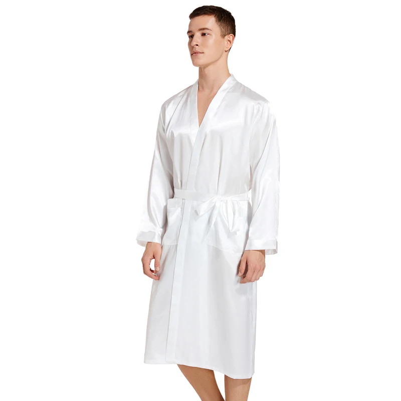 Wholesale Men\'s V Neck Solid Satin White Robe Kimono Long Bathrobe Pajamas Nightgown Lightweight Sleepwear for Wedding Party