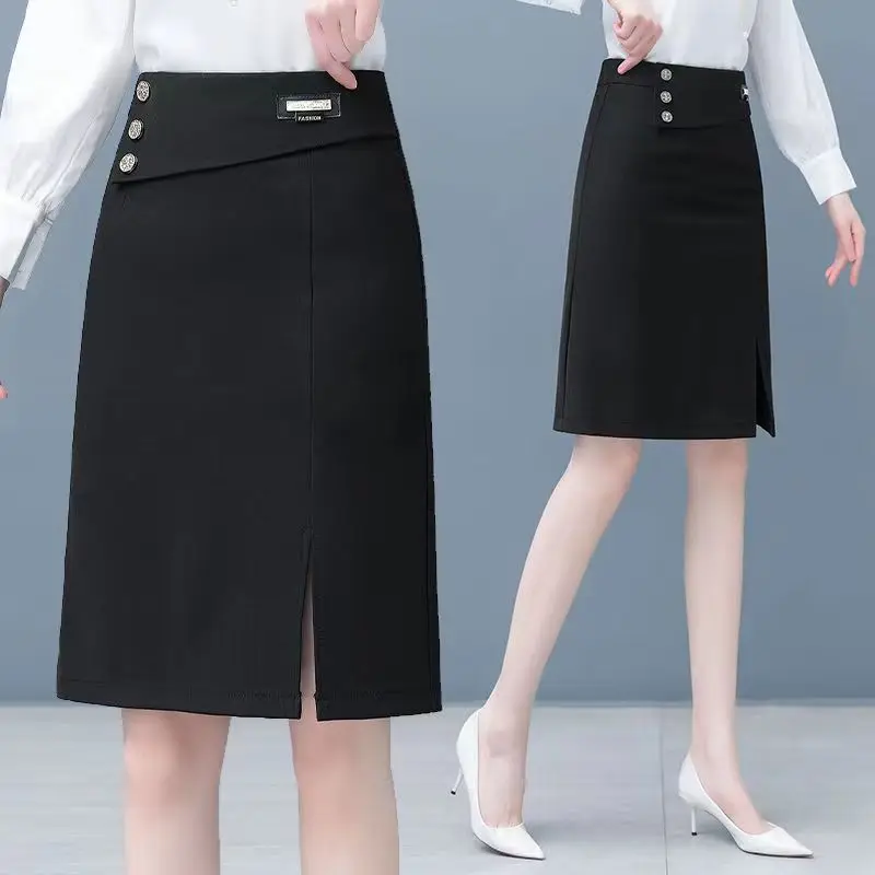 New Spring and Summer Women's Solid High Waist Split Button Slim Classic Bag Hip A-Line Fashion Casual Commute All Match Skirt