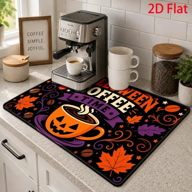 Super Absorbent Mat 2D Flat Halloween Coffee Time Pad Dish Drying Cushion Pumpkin Face Espresso Machine Placement Rug