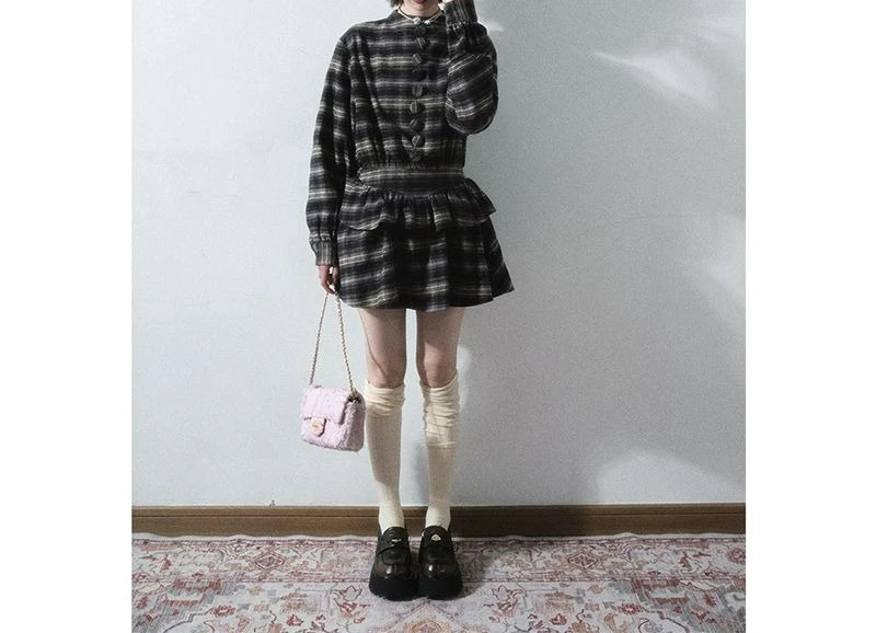 2026 Nieuwe geruite retro coltrui taille lange mouw lotusblad shirtjurk dames