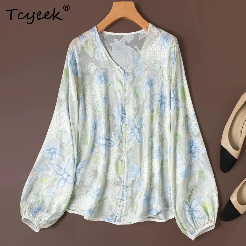 

Tcyeek 100% Real Silk Womens Tops 2026 Spring New Style Quietly Elegant Semi-transparent Blouse Ladies Clothing Roupas Femininas