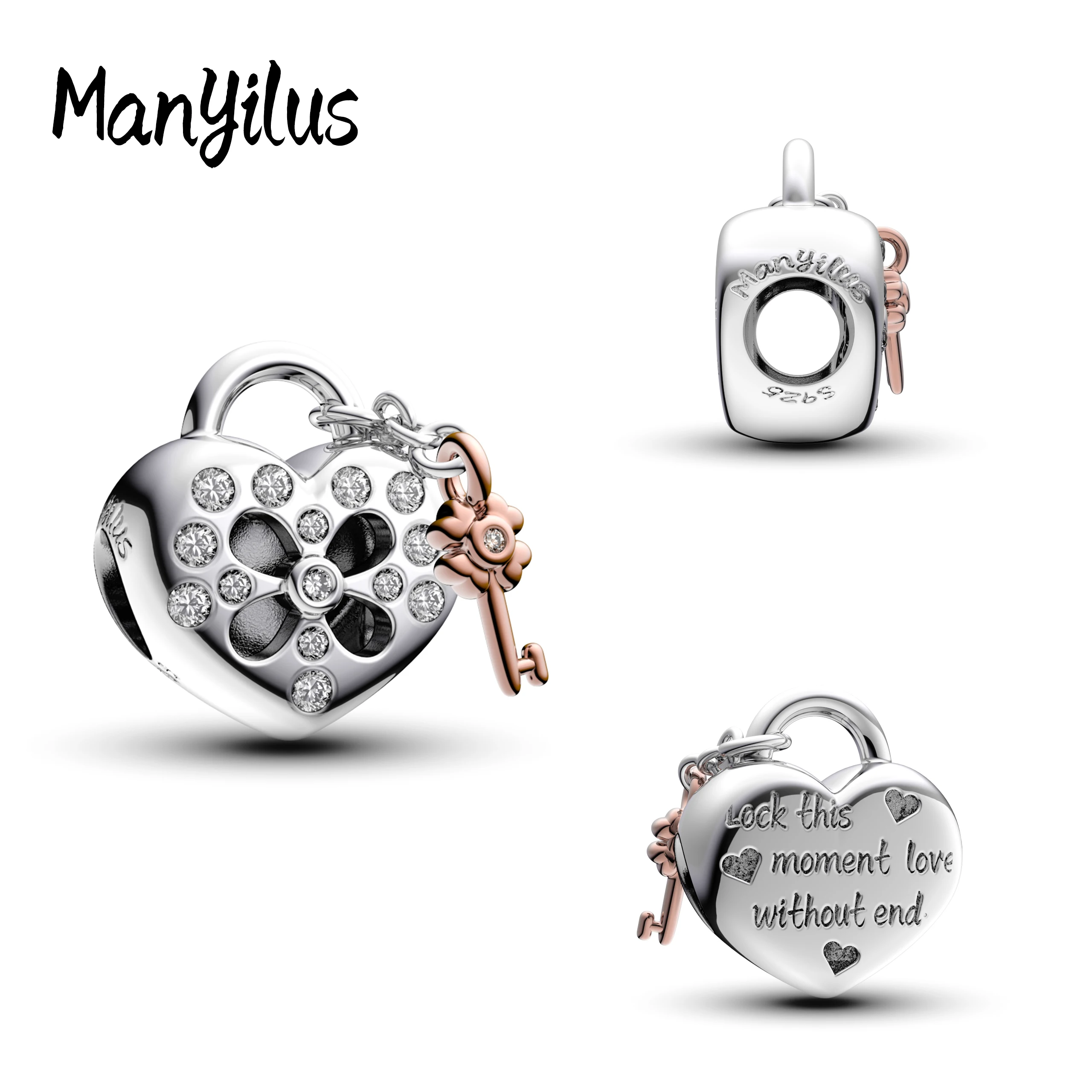 Manyilus 925 Silver Heart Lock With Key Charm Bead Fit Original charms Bracelets Women Jewelry Gift