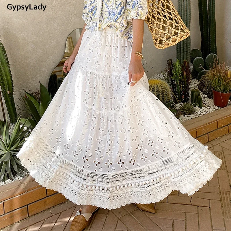 GypsyLady 100% Cotton White Pleated Skirt Boho Casual Summer Women Long Skirts Eyelet Hollow Out Ruffles Ladies Chic Skirt 2022