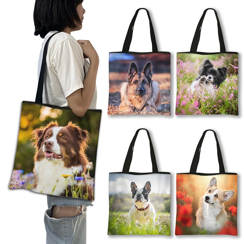 

Floral Bulldog / Corgi / German Shepherd Dog Tote Bag Casual Woman Shoulder Bags Cute Floral Bulldog Storage Bag Handbags Gift