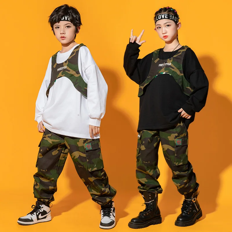 Novas roupas de dança jazz masculinas e femininas, roupas camufladas infantis, ternos de dança de rua modernos e modernos para crianças