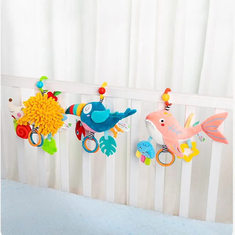 Weiche Plüsch Vogel Baby Bett Hängen Musik Rassel Spielzeug Neugeborenen Pädagogisches Hand Grip Mobile Ring Glocken mit Beißring Kinderwagen Spielzeug
