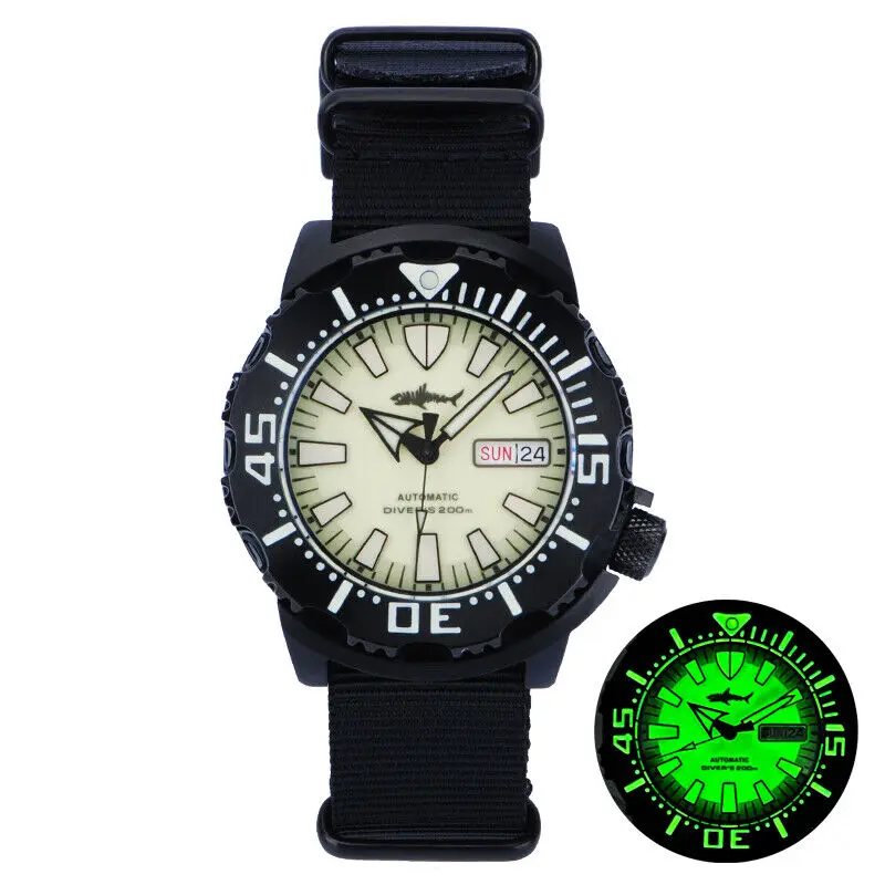 HEIMDALLR Sharkey Black PVD 41mm Ocean Monster Day Date Full Lumed NH36 Automatic Mens Wrist Watch 200m Diver C3 316L