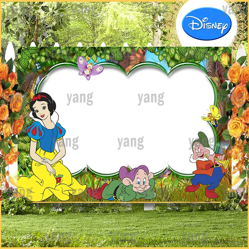 

Lovely Seven Dwarfs Custom Forest Disney Princess Snow White Photo Backdrop Garden Happy Birthday Party Backgrounds Decoration