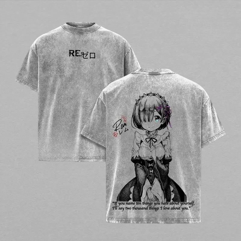 Rem Re ZERO Starting Life in Another World Clothing Men Women T-shirts Vintage Washed T Shirt Casual Cotton Tee Harajuku Tshirt