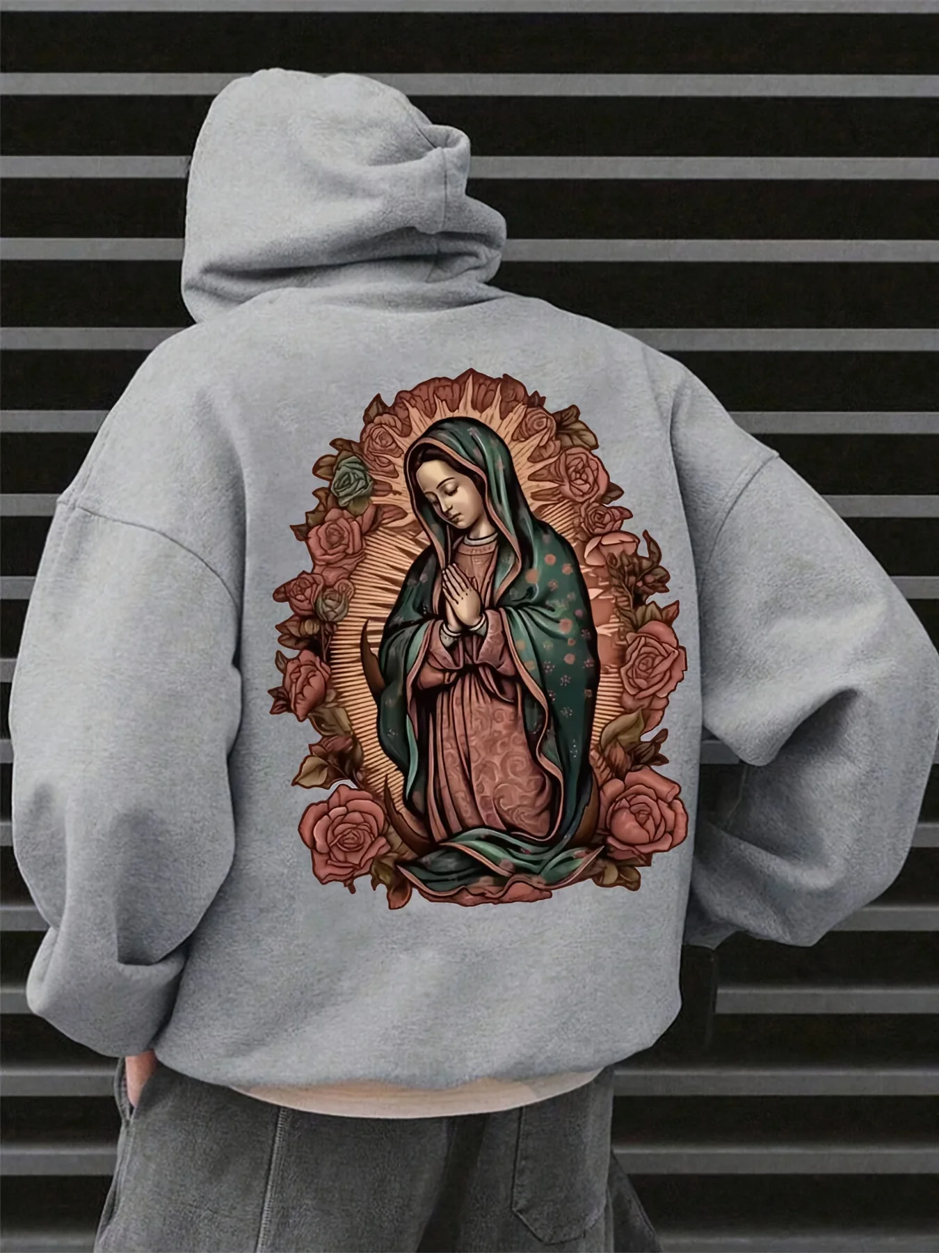 Herren Religiöser Maria Hoodie Hip-Hop Sport Streetwear Guadalupe Jungfrau Druck Lässiger Loser Pullover Sweatshirt Oberteil – Detail 3
