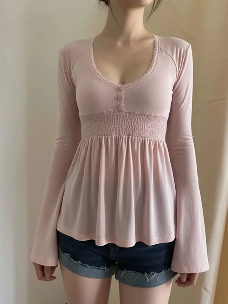 Spring and Autumn Women's Retro Sexy Lace Bordered Button Front Shirt Off Shoulder Long Sleeve T-shirt