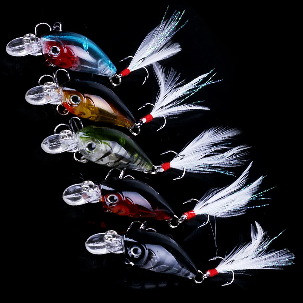 

5pcs 3.6cm 3.5g Artificial Fishing Lure Set Swimbait Crank Bait Hook Mini Crankbait with 3D Eyes and Feather