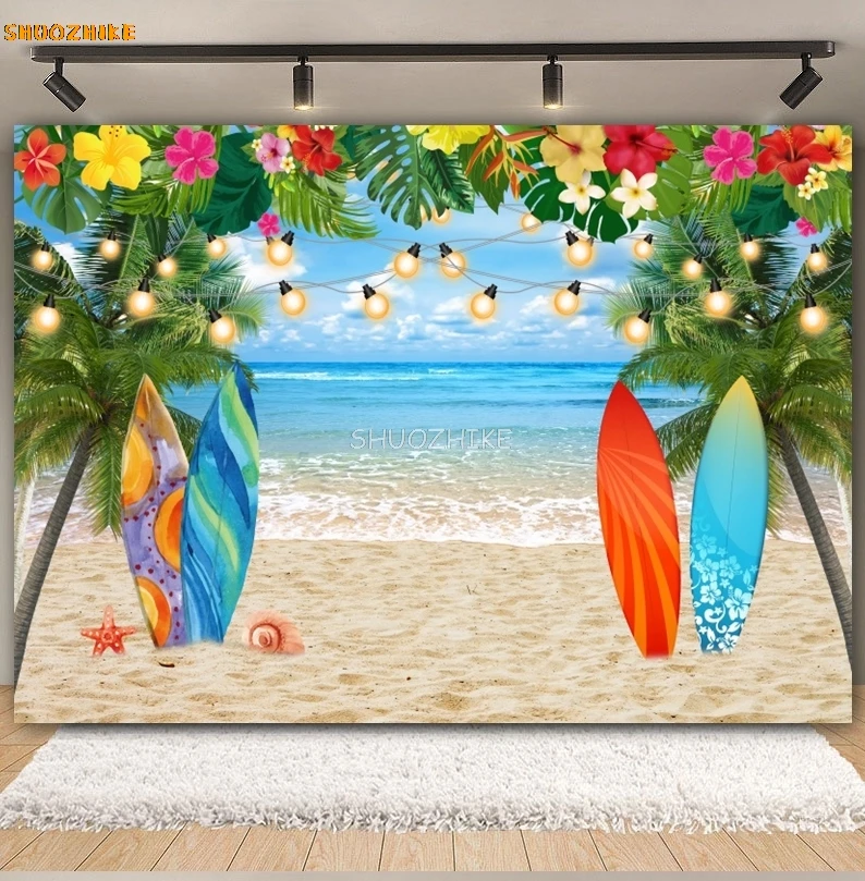 Fondo de playa Tropical hawaiana de verano Aloha Luau flamenco océano tabla de surf boda fiesta de cumpleaños fotografía decoración de fondo