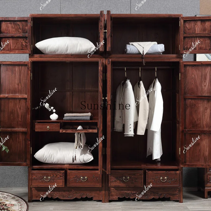 New Chinese solid wood carving flower top box cabinet four doors three doors wardrobe antique  FT