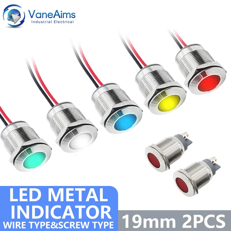 

2PCS 19mm Metal LED Indicator Light DC/AC 3-48V IP67 Waterproof Signal Pilot Lamp Red Yellow Green Blue for Car Marine Dashboard