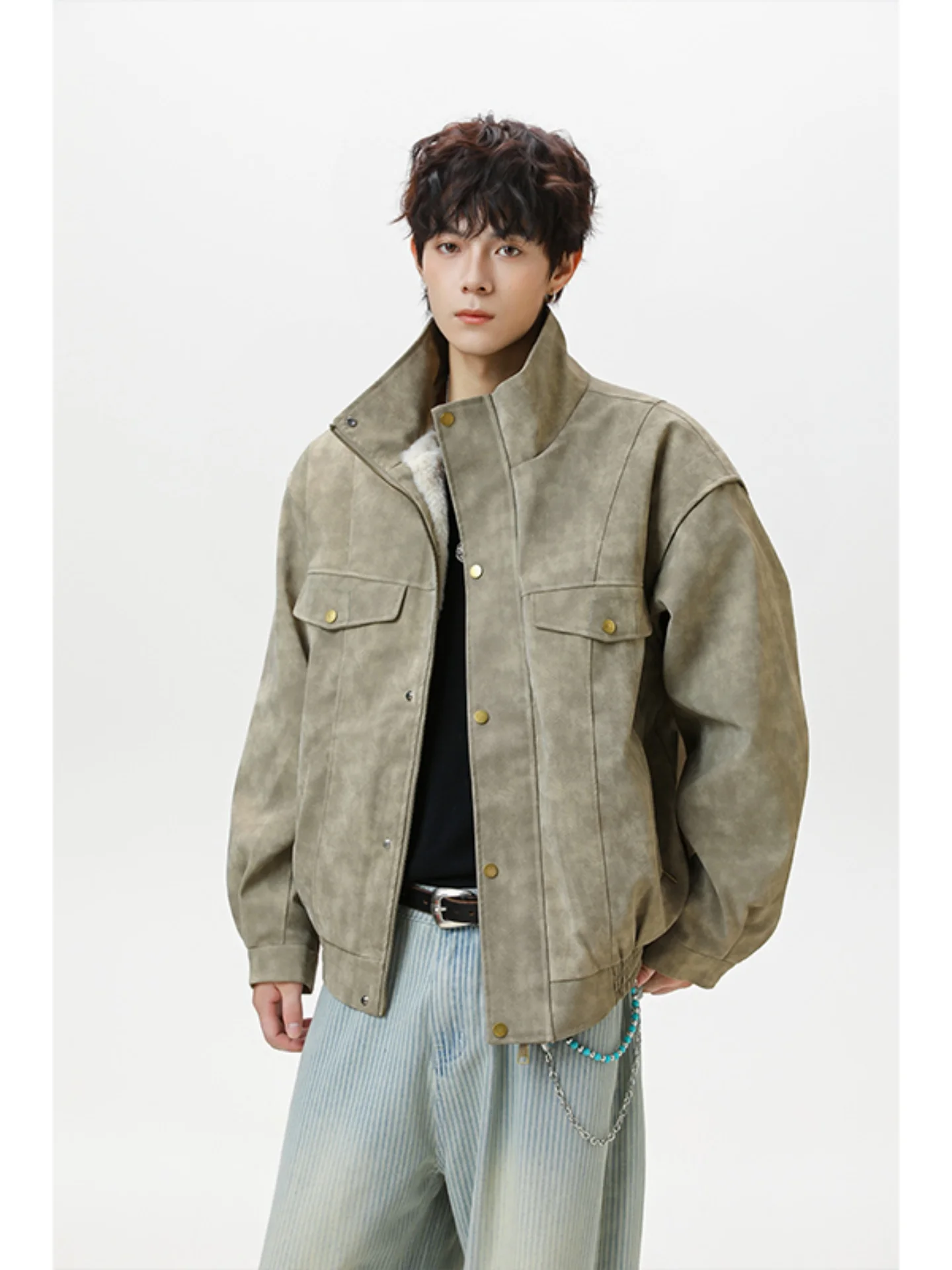 

Retro American Matte PU Leather Cotton Jaet Men's Winter Thiened Fce Warmth Resistant Cold Cotton Clothes High-End Lam...