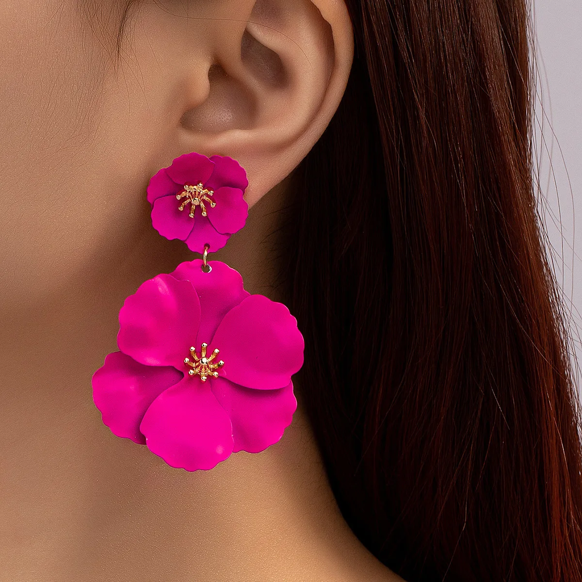 Sen Vintage Long Temperament Colorful Flowers Spray Paint Multi-layer Creative Earclip Earrings