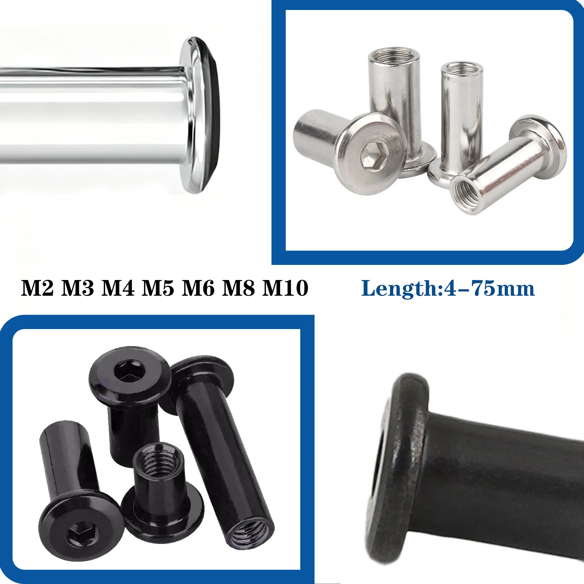 M2 M3 M4 M5 M6 M8 M10 304 Stainless Steel Hex Socket Insert Nut 4-100mm Furniture Cabinet Sofa Bed Frame Connector Joint Sleeve