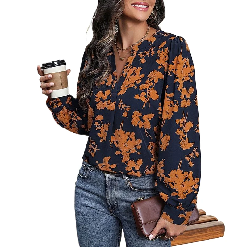 

Women Long Sleeve Shirts Fashion Print 2024 Spring Autumn Casual Loose Tops Female Casual V-neck Blouses Lady Elegant Pullovers