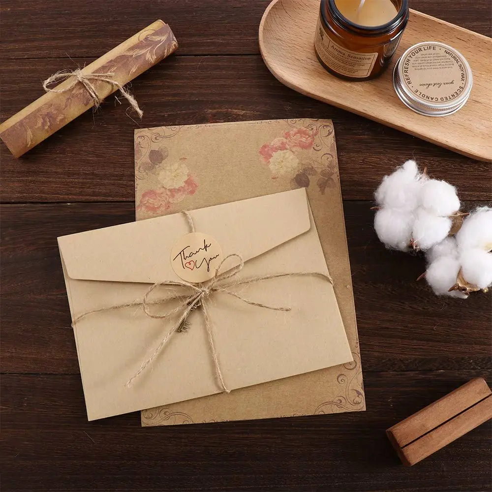 Brown Stationery Old Europe Style Kraft Paper with Rope Craft Paper Envelope Letter Pad Retro Vintage Writing Paper