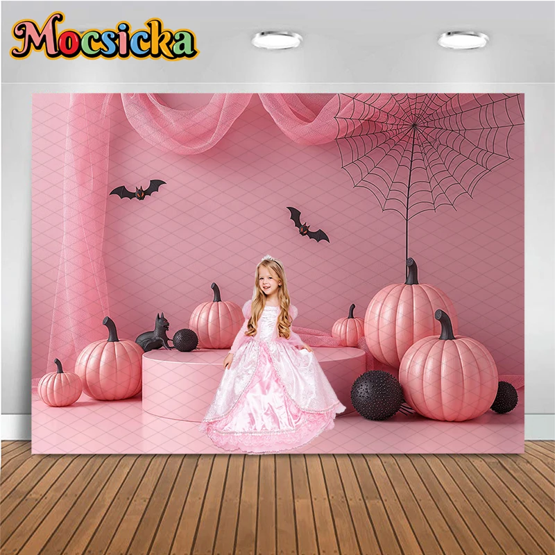 

Mocsicka Halloween Background Photography Baby Shooting Props Spider Pink Wall Autumn Pumpkin Party Backdrop Decoraations Studio