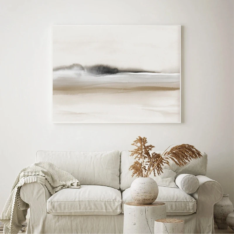 Abstract Beige Black Grey Painting Watercolor Landscape Minimalist Canvas Poster Wall Art Pictures for Living Room Home Decor