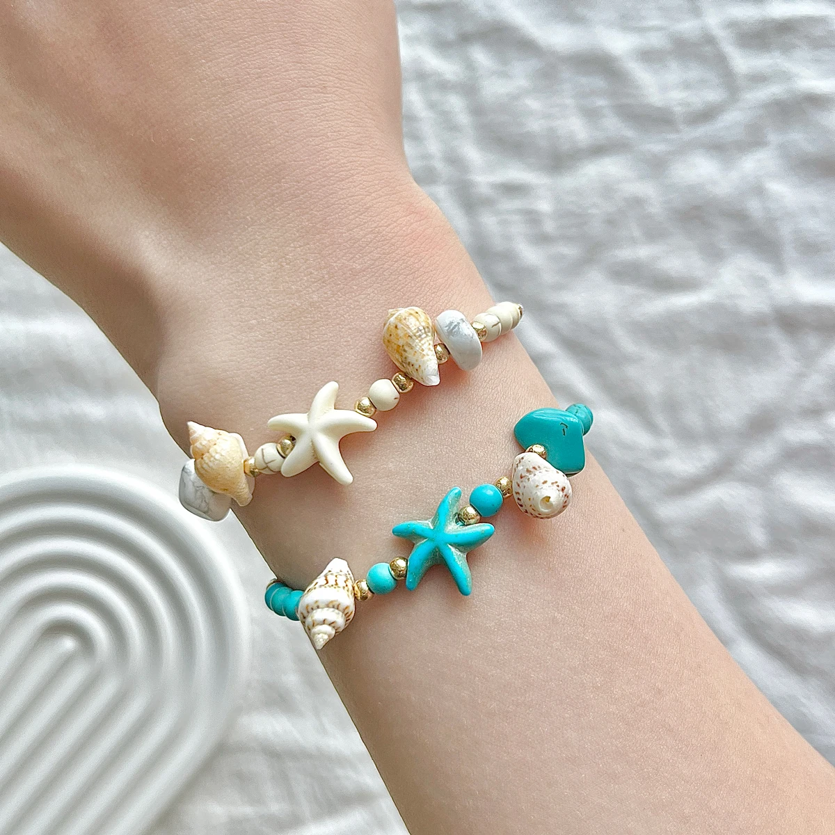 12 Pieces Fashion Starfish Conch Stone Bracelets Fashion Summer Ocean Style Adjustable Bracelets