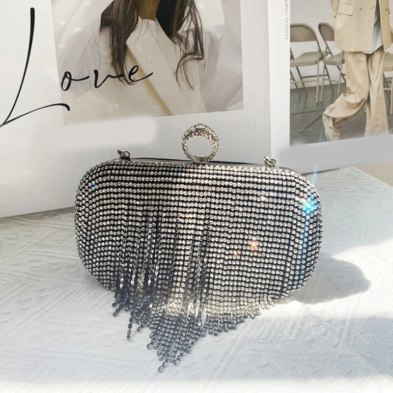 Wedding Clutch Cocktail Shoulder Bag Women Formal Evening Bag Party Banquet Glitter Purse Handbag RhinestoneTassels Bag