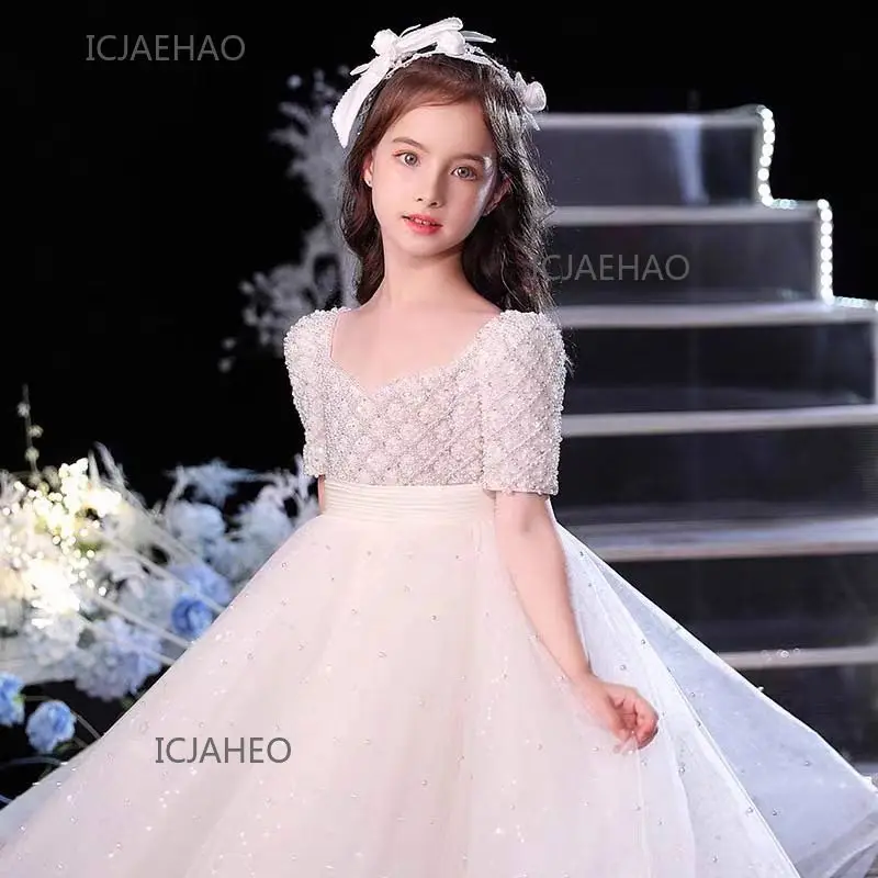 

Party Dress 2024 Children Floral Pearl Dresses Clothes Kids Princess Birthday Gown Pageant Costume Flower Girl Piano Host Outfit