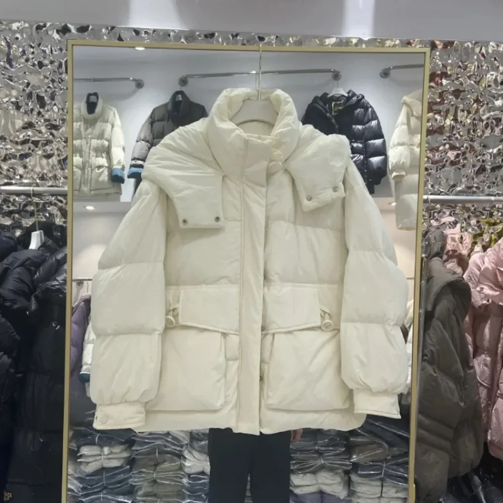 White Duck Down Jacket Women\'s Puffer Coat Winter Coat Female Stand Collar Thick Fashion Sweet Hooded Short Korean Outerwears