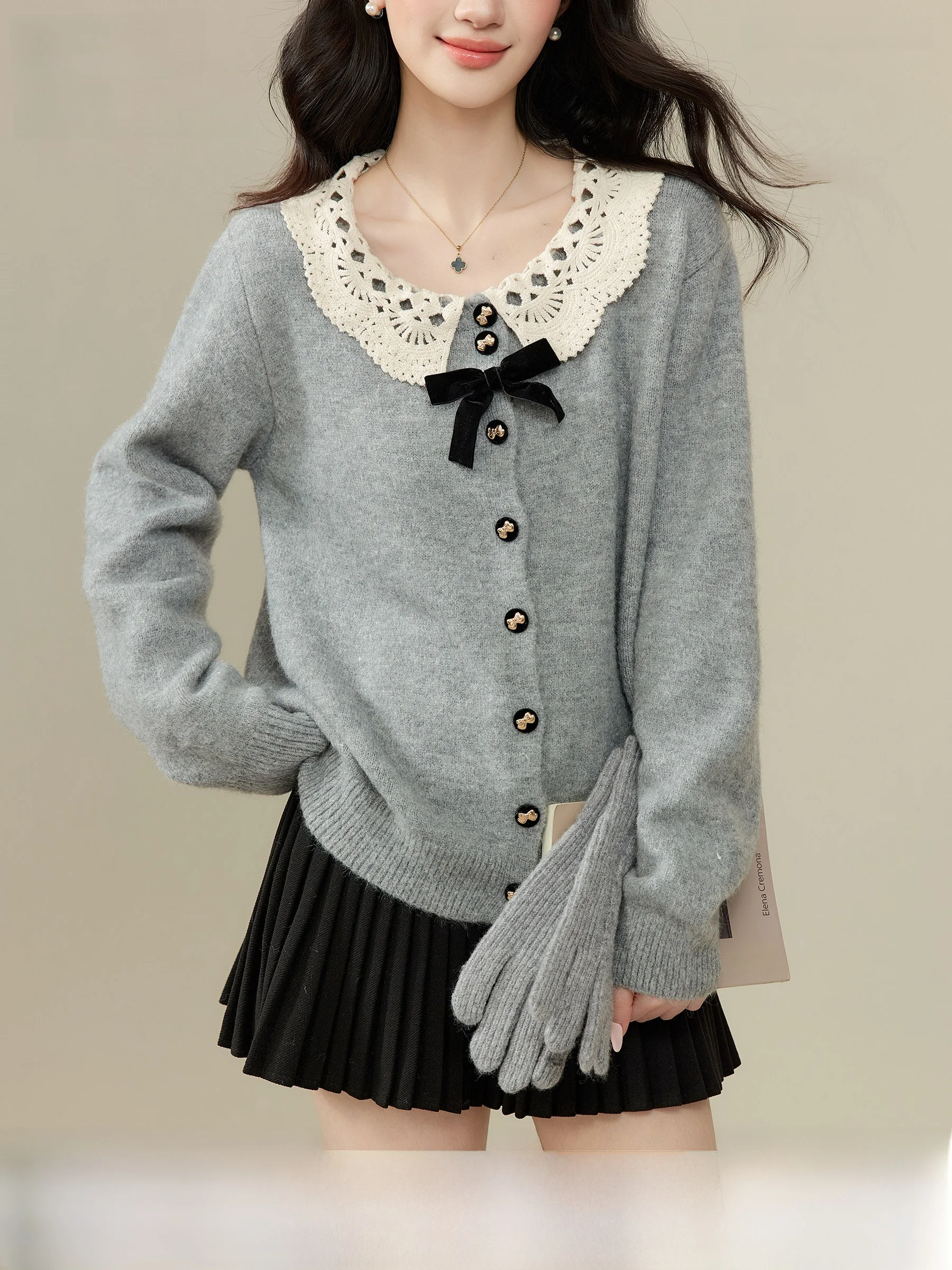 

ay Collar Sweater Cardigan Women's Princ Sle Long Sve Knitted Knot Soft Comfortable Warm Non-itchy Elasti...