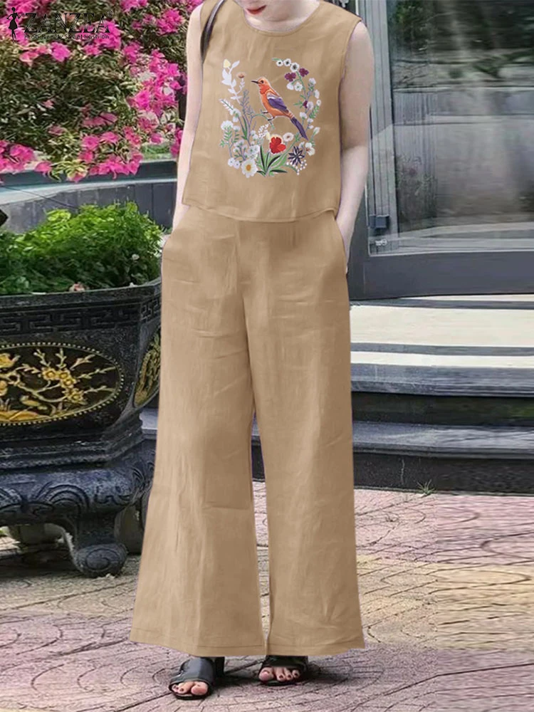 

Модные комплекты блузок без рукавов из 2 предметов, свободные брюки ZANZEA, летние женские одинаковые комплекты, спортивные костюмы с принтом 2025 года, повседневная праздничная одежда