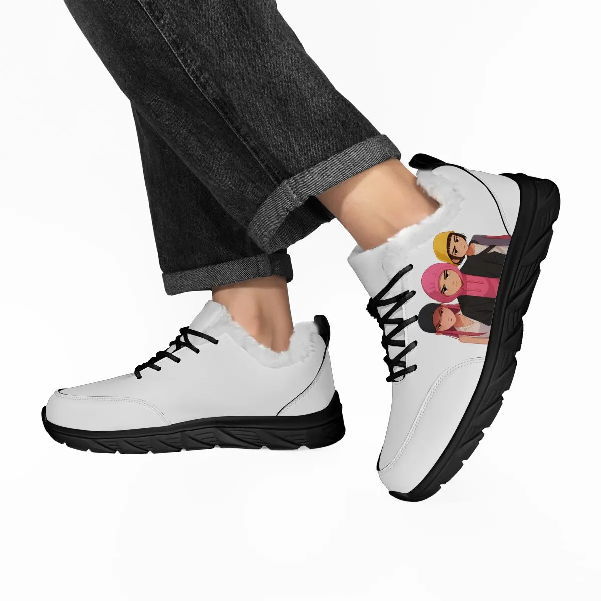 2025 حذاء رجالي شتوي مبطن بالفرو أحذية رياضية مع طباعة أنيمي مقاوم للماء المشي أحذية رياضية الترفيه الذكور أحذية رياضية جلدية