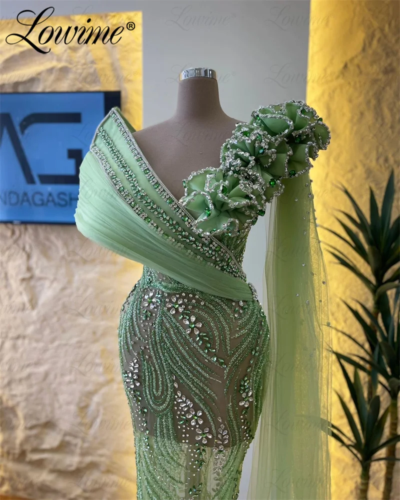 Green Crystals Evening Dress 2024 Haute Couture Mermaid Gorgerous Prom Dresses For Wedding Annversary Aso Ebi Engagement Gowns