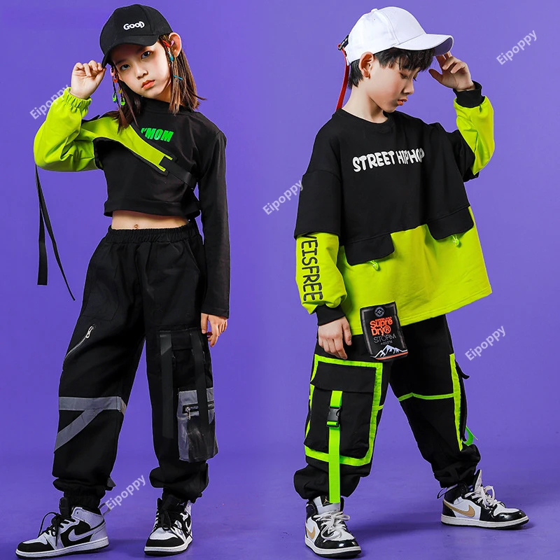 Boys Hip Hop Streetwear Girls Crop Top Cuff Cargo Pant Outfit Child Patchwork Sweatshirt  Stree  sJoggers Street Dance Kids Jazz