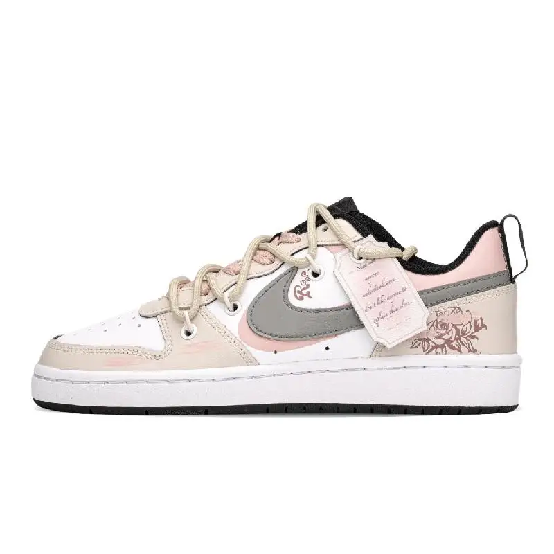 【Customize】Nike Court Borough Skateboarding Shoes Women's Low-top Heather Gray/Dusty Pink Sneakers shoes BQ5448-115