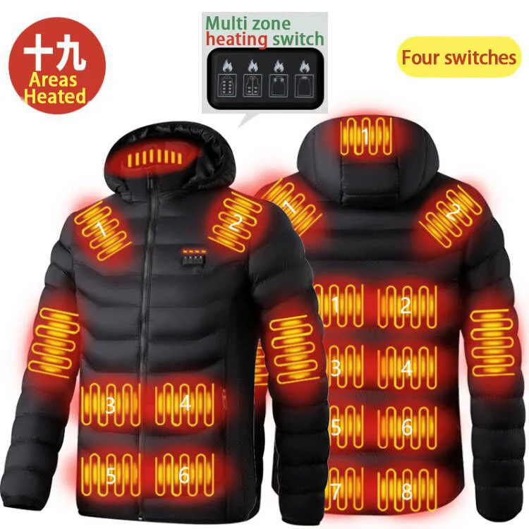 19 Areas Winter Heated Jacket for Men Women USB Electric Heating Cotton Jacket Waterproof Warm Hooded Thermal Self Clothes