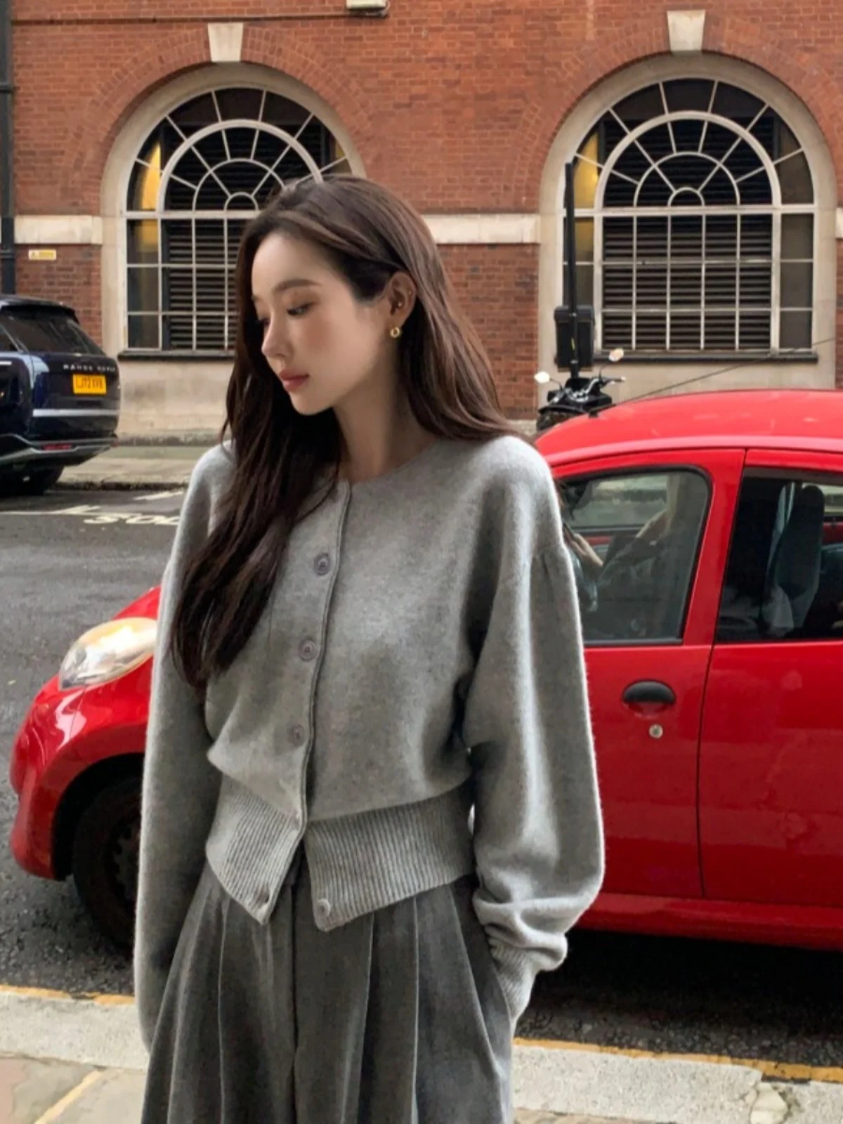 Ele Chic gestrickter langer Swe runder Ne-Einzelknopf-Pullover, koreanische Passform, lockere Passform, offene Strickjacke für Damen