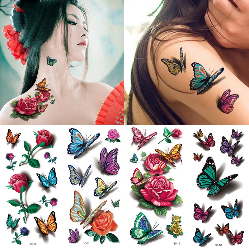 Tatuajes de mariposa 3D para mujer, pegatina temporal de arte corporal, tatuaje de pluma de flor rosa, tatuaje falso impermeable