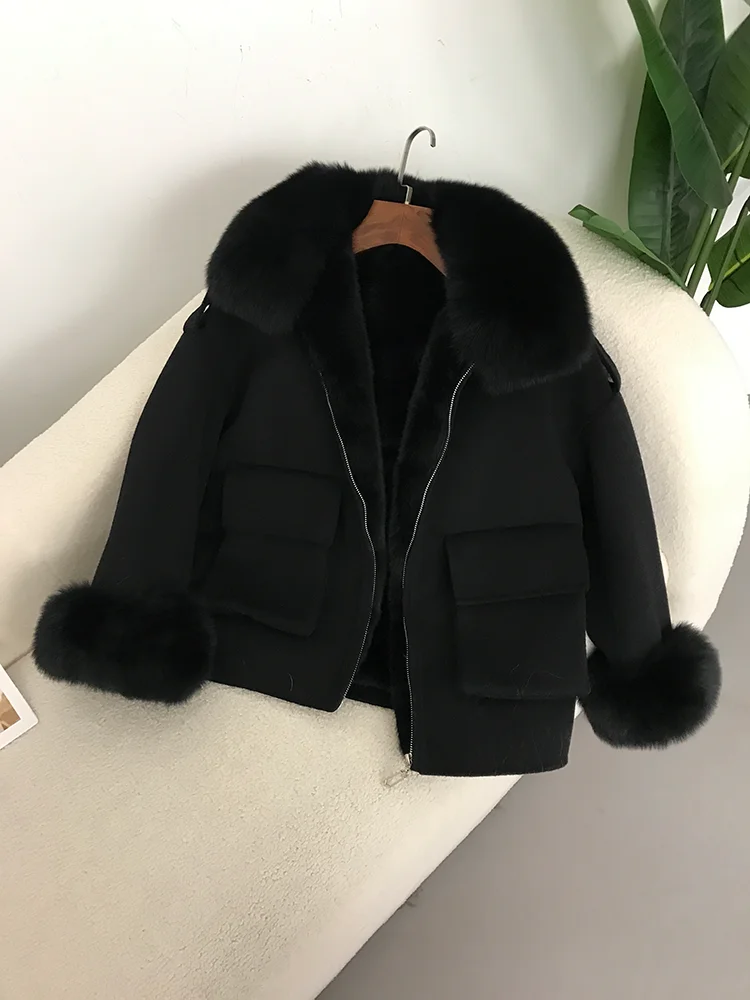 2025 Women Natural Fox Collar Cuffs Wool Cashmere Blends Pockets Outerwear Real Fur Coat With Thick Liner Winter Jacket