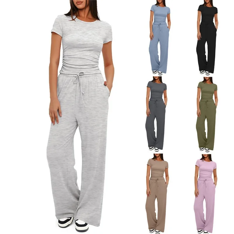 

2025 European and American Women's Two-piece Casual Suit Short Sleeved Top High Waisted Wide Leg Pants Sportswear Female Clothes