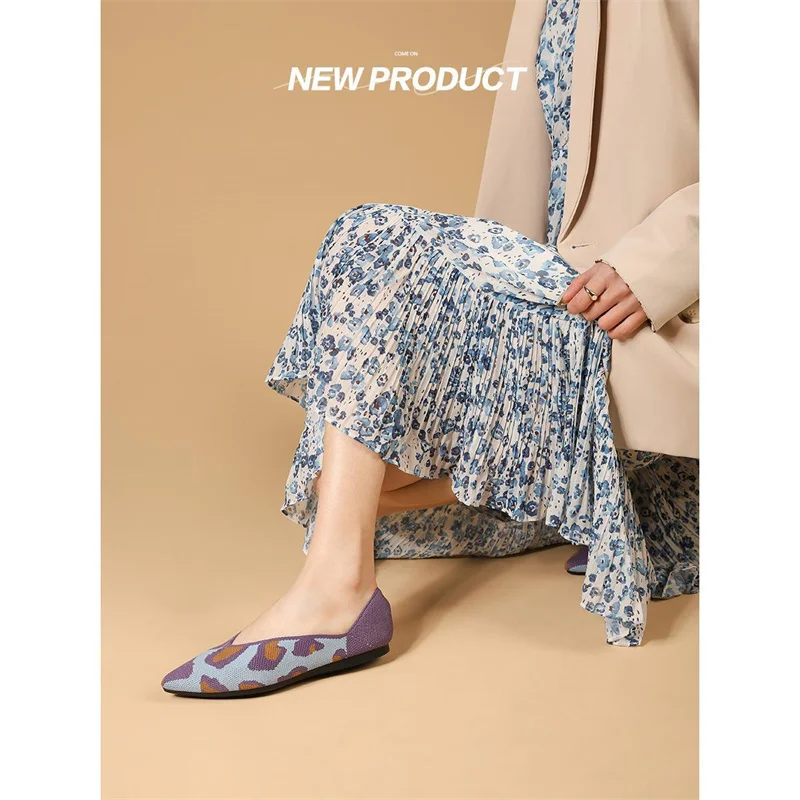 Flat Shoes Women\'s Spring Summer Knitting Fly Line  Shoes Pointed Tie Soft Bottom Breathable Non-slip Single Shoes