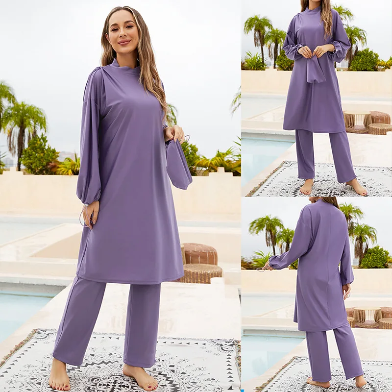 Bañador musulmán de estilo largo para mujer, traje de baño con protección solar, 3 piezas, Color morado, completamente cerrado, para buceo y surf