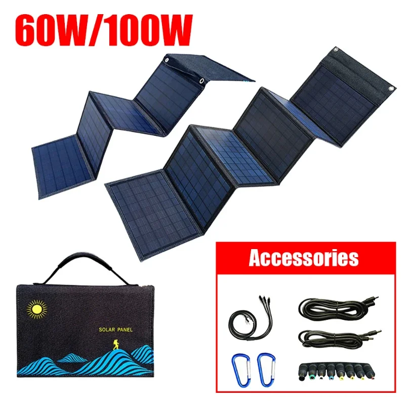 

60W/100W Solar Panel Portable Folding Bag USB+DC Output Solar Charger Outdoor Power Supply for Mobile Phone Power Generator