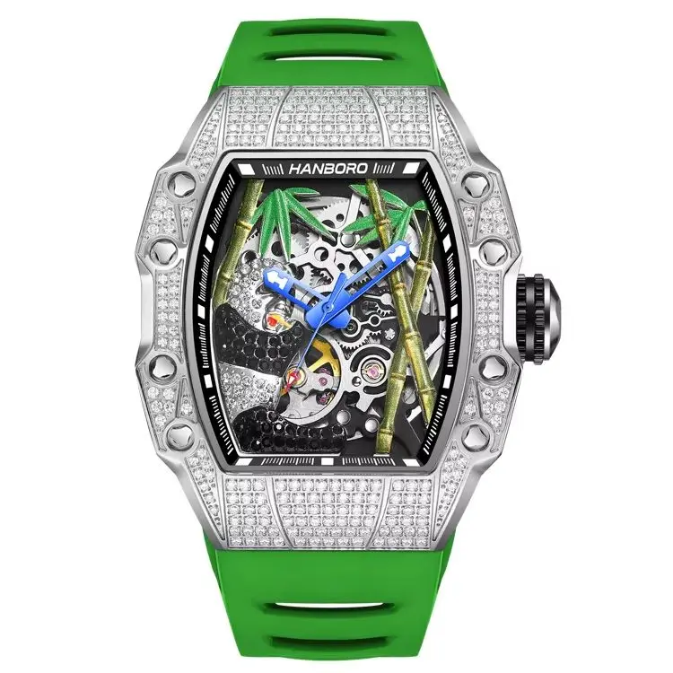 HANBORO Men Automatic Watch Tonneau Mechanical Wristwatch Luminous Sapphire Waterproof Skeleton Panda Dial Crystal Miyota 82S0