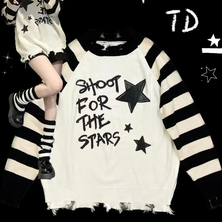 Fashion Black White Striped Sweaters Mujer 2024 New Star Letter Print Tops Women Y2k Autumn Long Sleeve Hole Pullovers