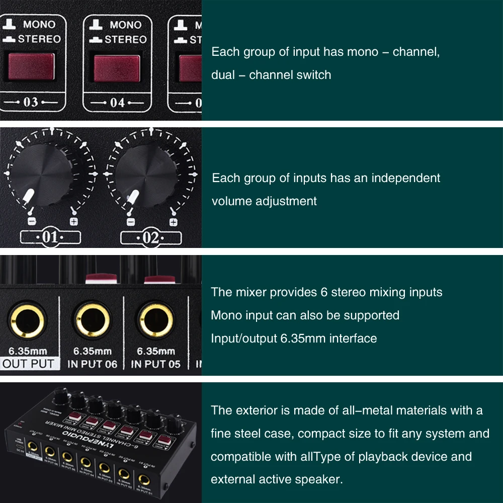 6-kanaals stereo audiomixer, haarbuis elektronische piano-instrument mengen, prestatiemixer voor buiteninstrumenten