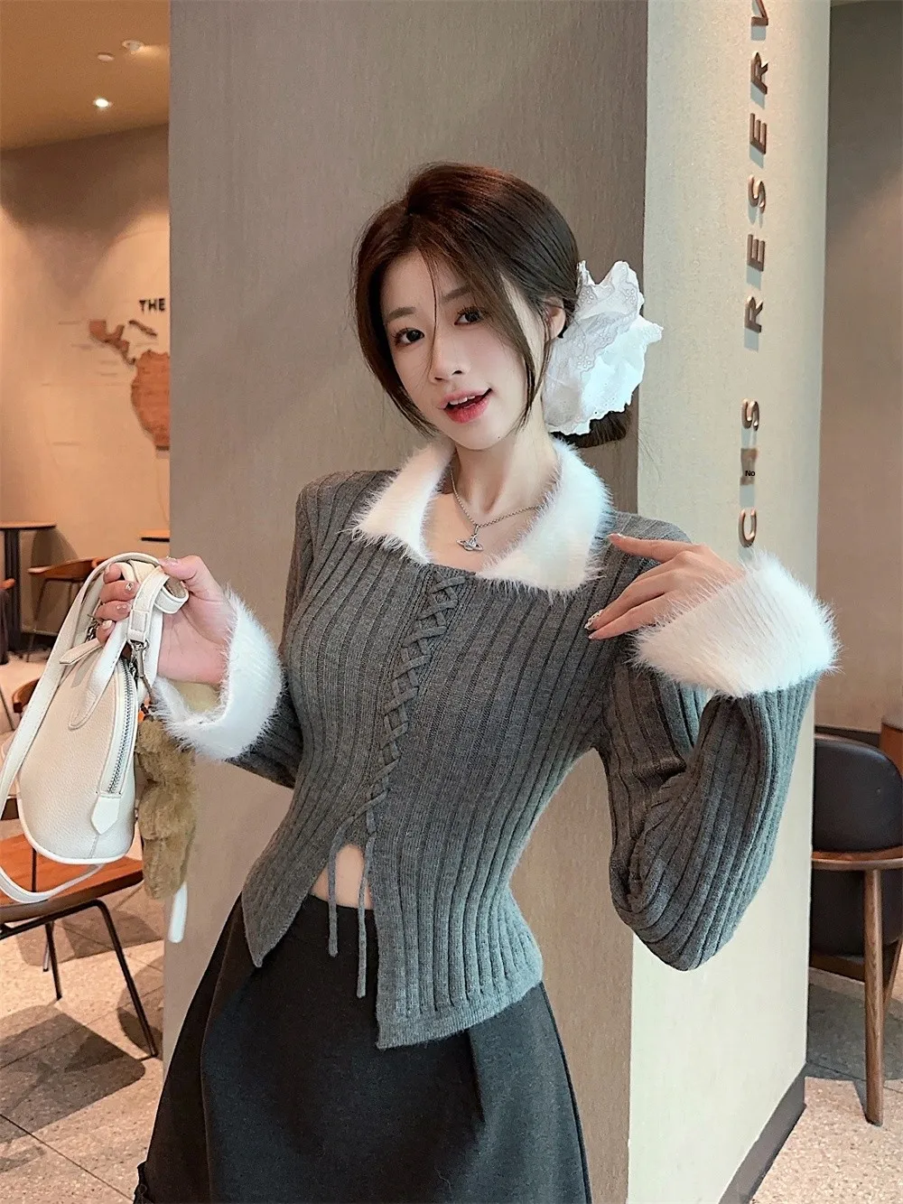 

Французский Sle Slim Fit ort Svel Вязаный свитер Женская внутренняя одежда Длинный свеч с поясом Базовый топ Faion Design Отложный...